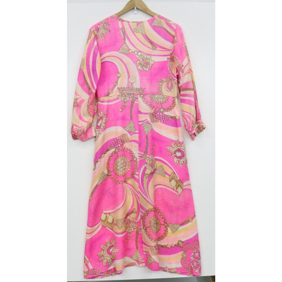 Vintage DELA-ANN Novelty Pink Glam Jewelry Print Lounge Kaftan Dress 1960's M - Picture 16 of 16